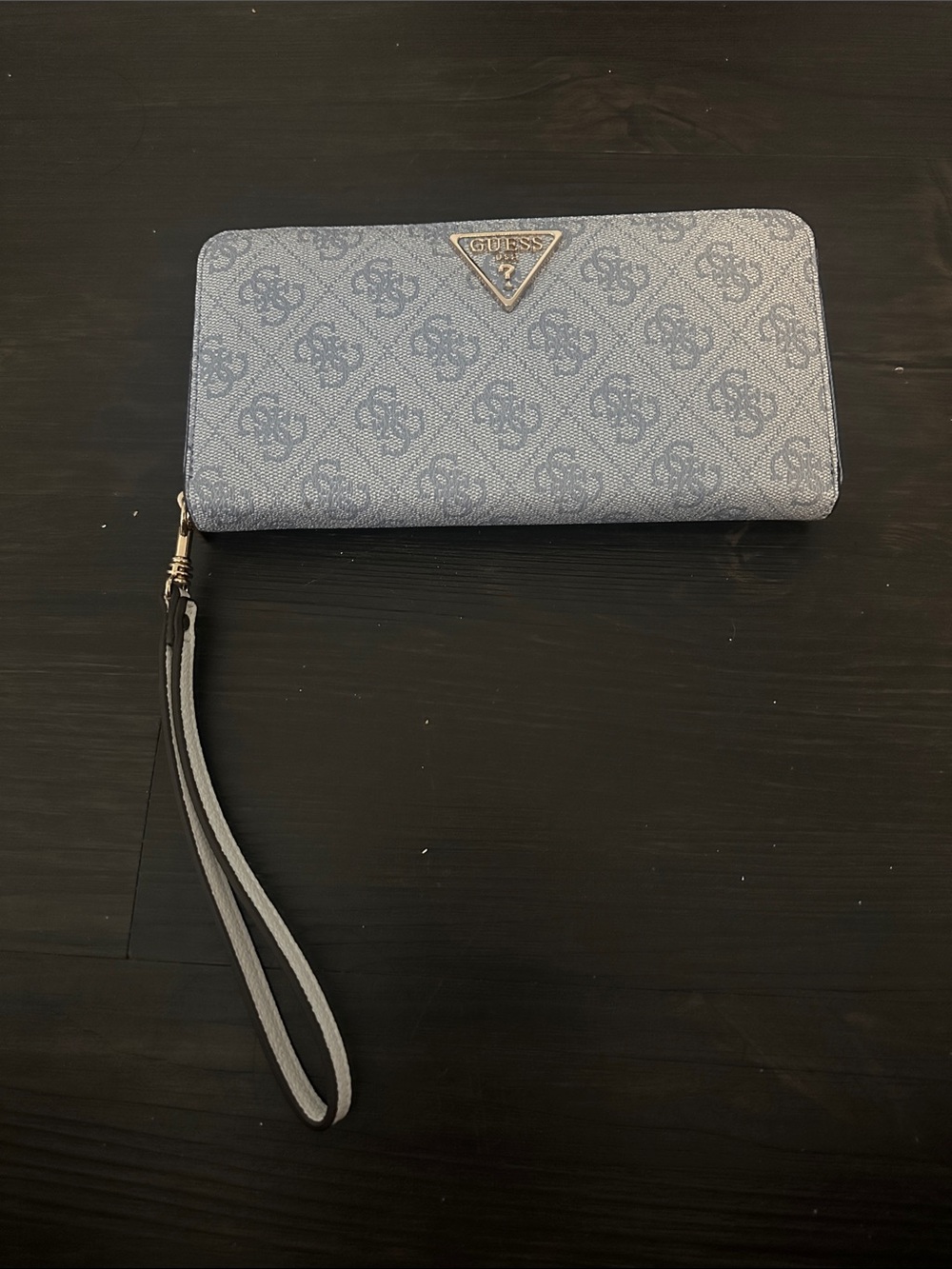 GUESS Light Blue Monogram Zip-Around Wristlet Wallet